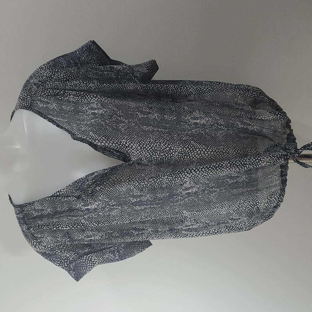 HALE Bob Medium Sheer Chiffon Snake Print Cinch Hem Top Navy and White